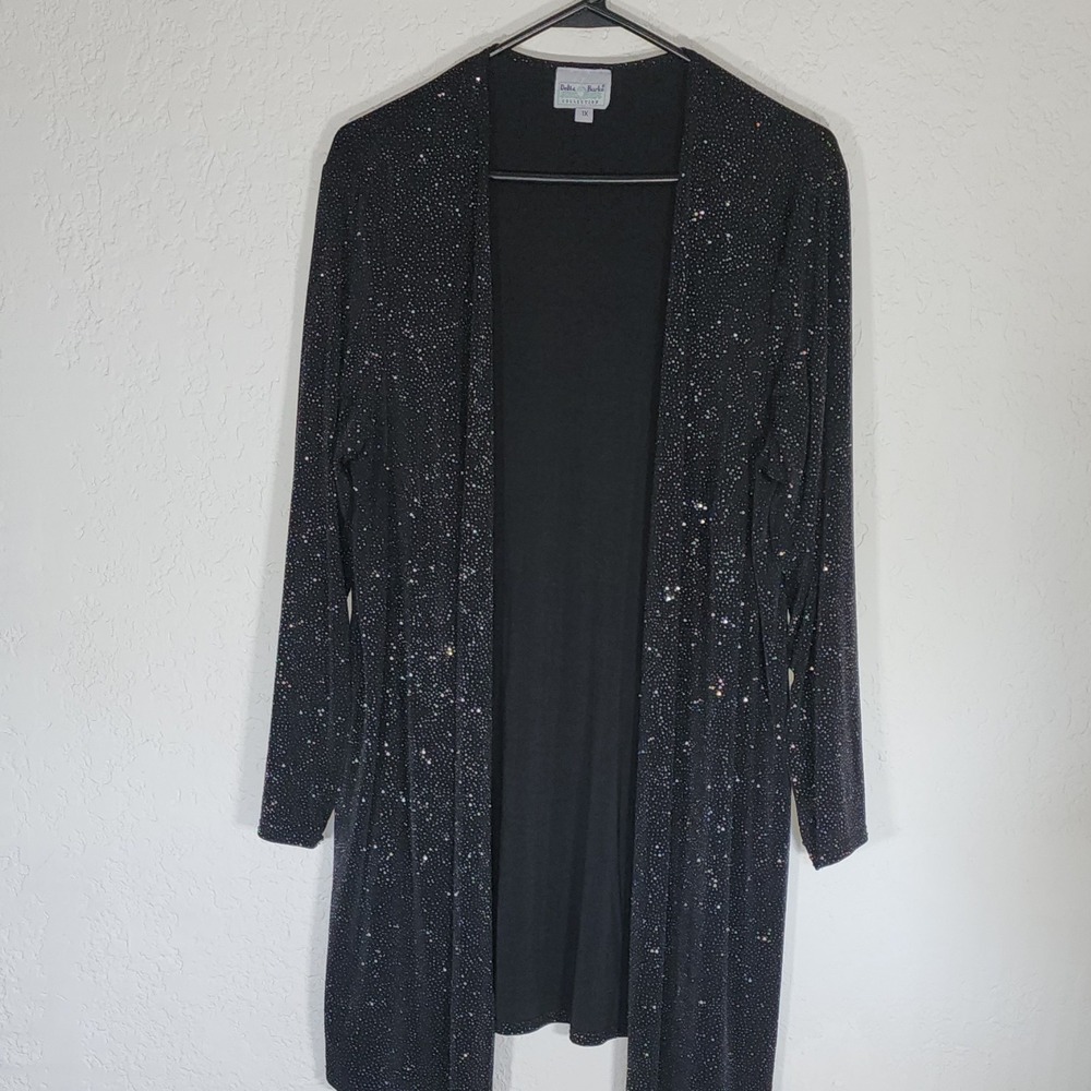 Delta Burke Black Glitter Open Evening Duster Cardigan Plus 1X Long Sleeve